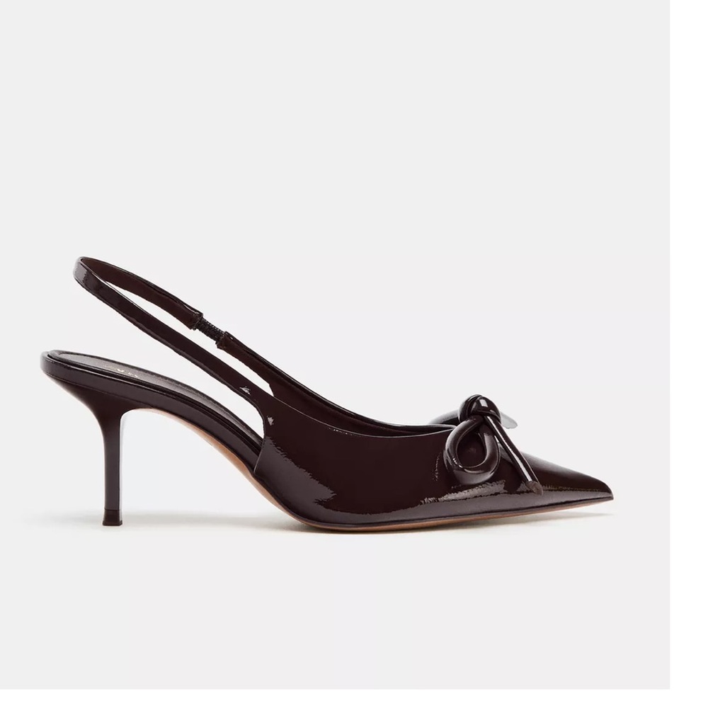Zara NWT brown bow heeled patent slingback heels - Picture 4 of 7